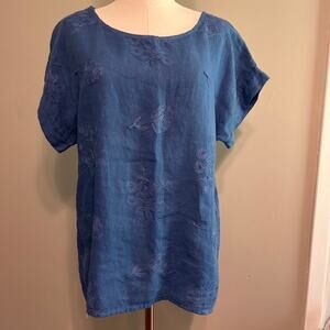 TERZO MILLENNIO Lagenlook 100% Linen Top Sz Sm Embroidered Scrollwork Shirt Blue